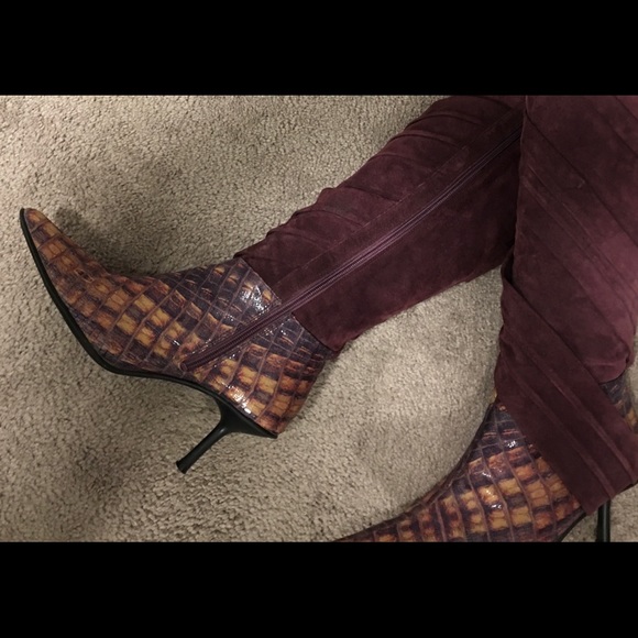 🇨🇦 89 Indo, Heeled Boots, Suede & Faux Alligator, Size 9, Purple - Picture 5 of 6